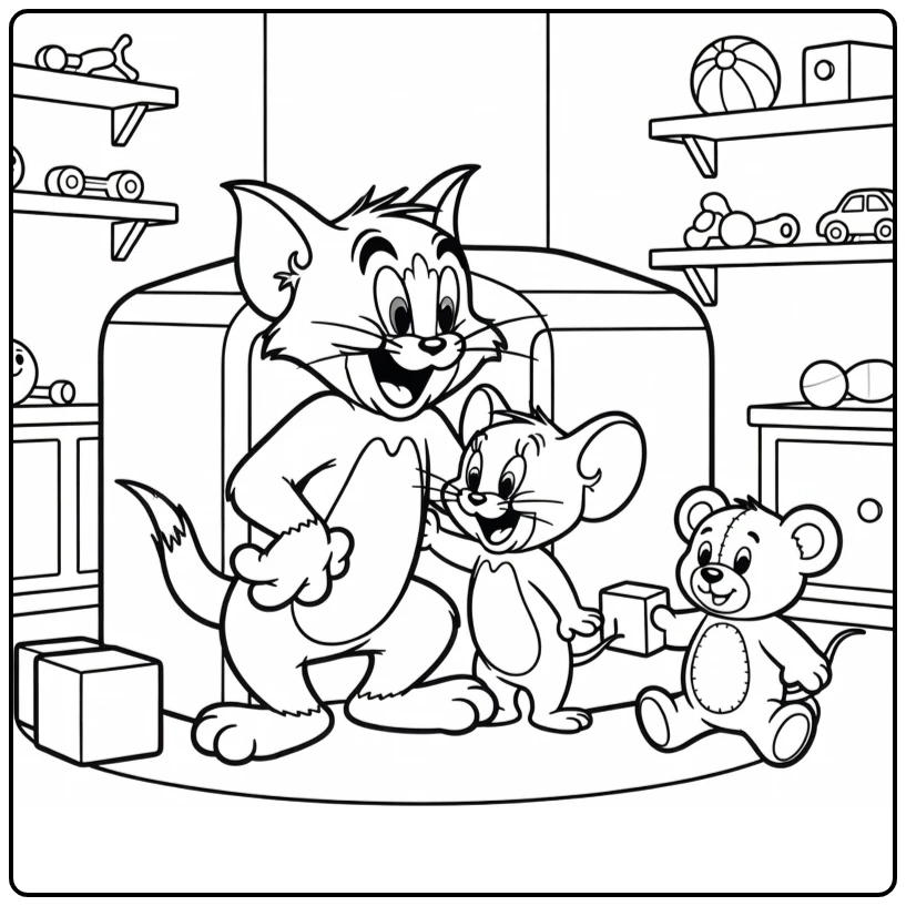 Tom en Jerry kleurplaat: verstoppen in speelgoedkamer met Tuffy