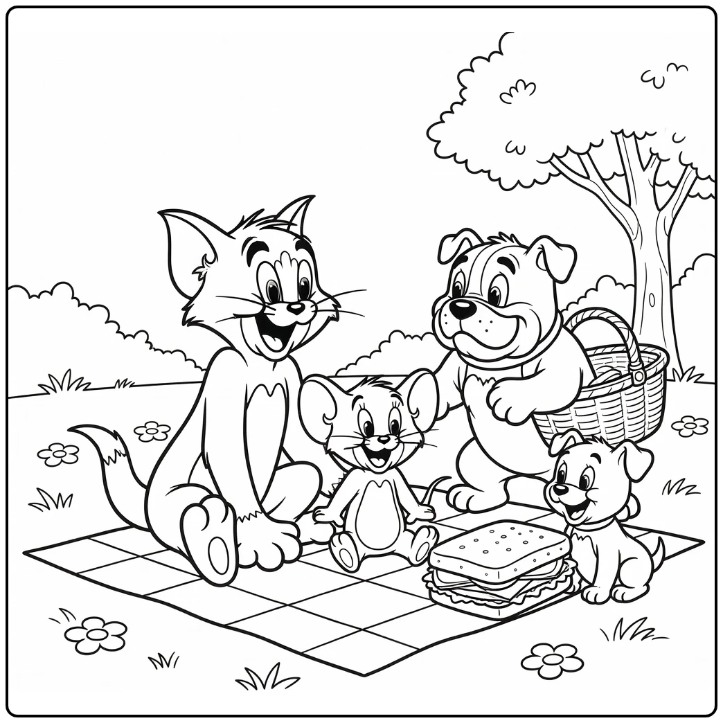 Tom en Jerry kleurplaat picknick met Spike en Tyke