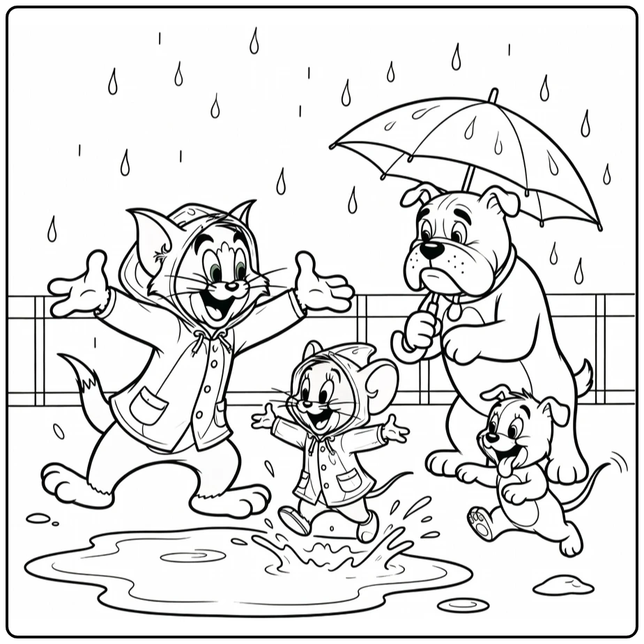 Tom en Jerry kleurplaat: spetteren in plas met Spike en Tyke