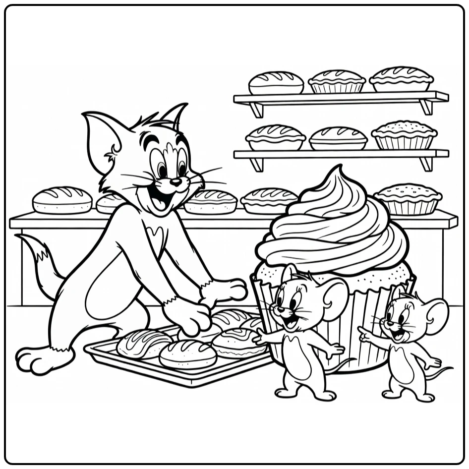 Tom en Jerry kleurplaat in bakkerij met cupcake