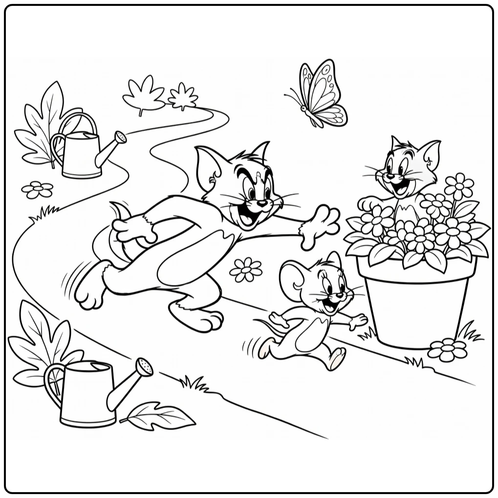 Tom en Jerry kleurplaat: achtervolging in tuin met Butch en vlinder