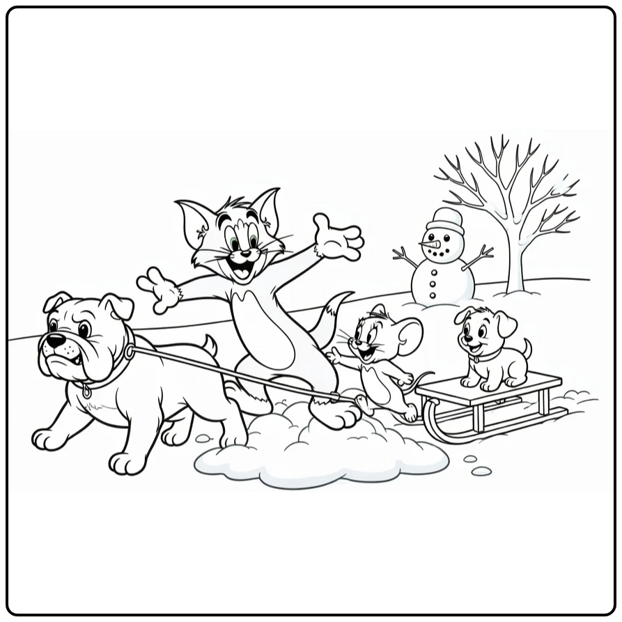 Tom en Jerry kleurplaat: rollen in sneeuw met Spike en slee