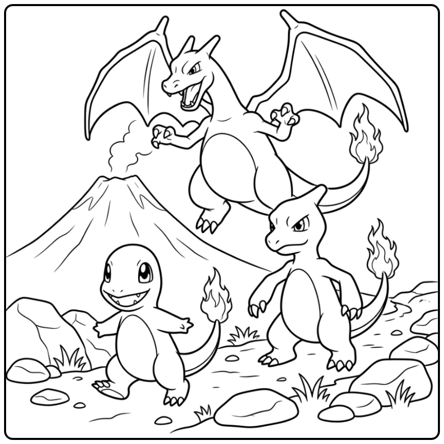 Leuke kleurplaat charmander charmeleon charizard bij vulkaan
