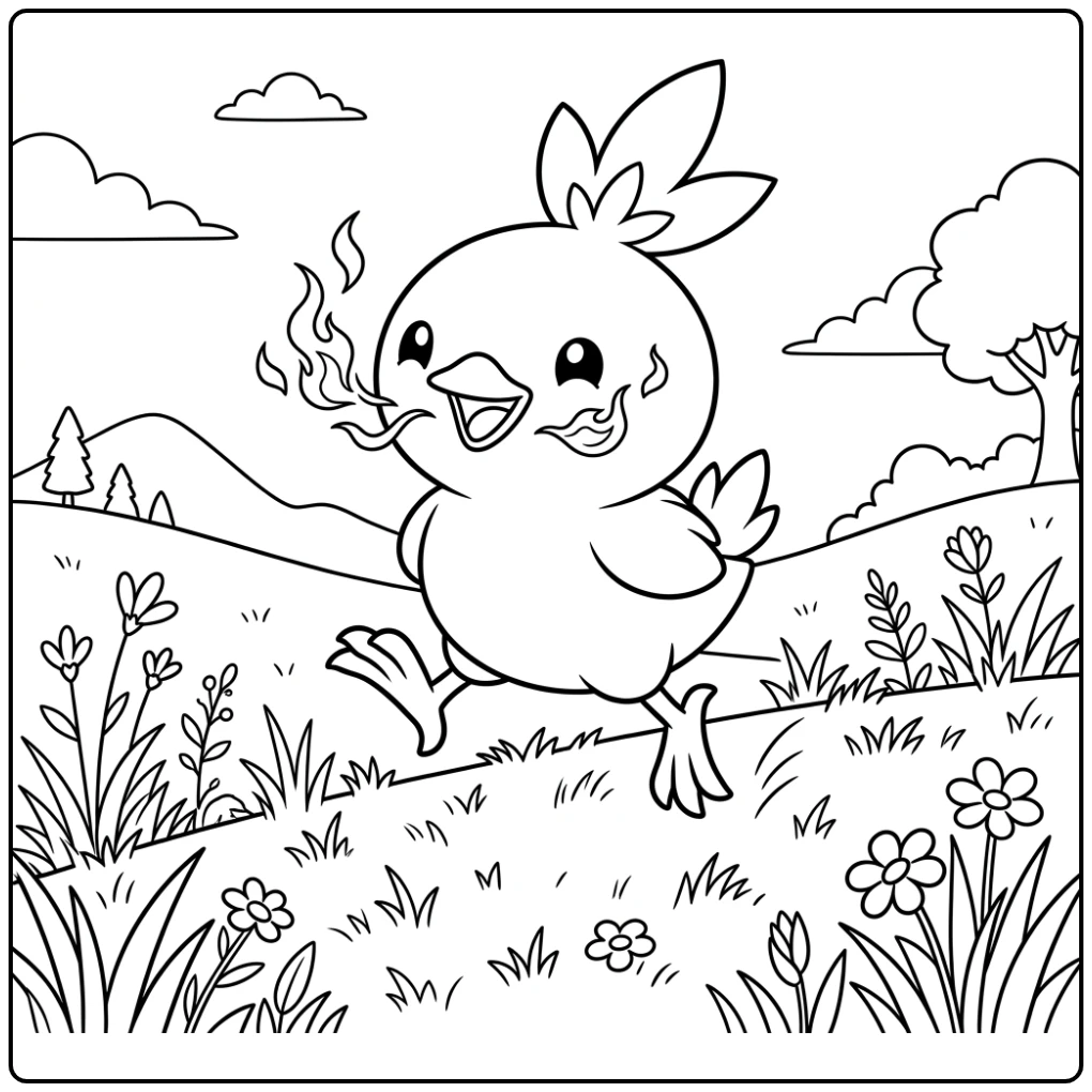Vrolijke Torchic pokemon kleurplaat huppelt op groen grasveld.