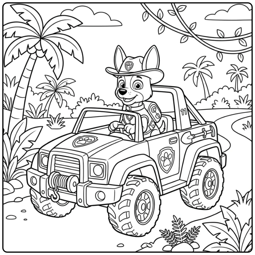 Tracker's junglevoertuig: een paw patrol auto kleurplaat avontuur