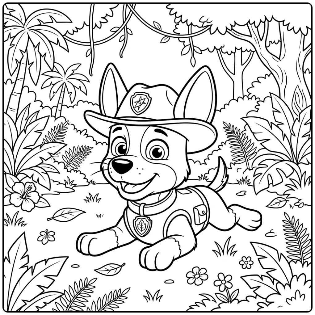 kleurplaat paw patrol tracker: Tracker ontspannen in jungle
