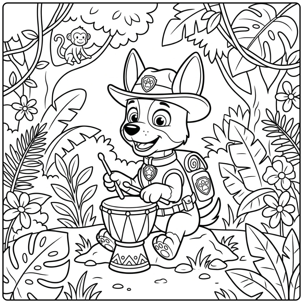 Tracker speelt drum in jungle, perfecte paw patrol kleurplaat makkelijk.