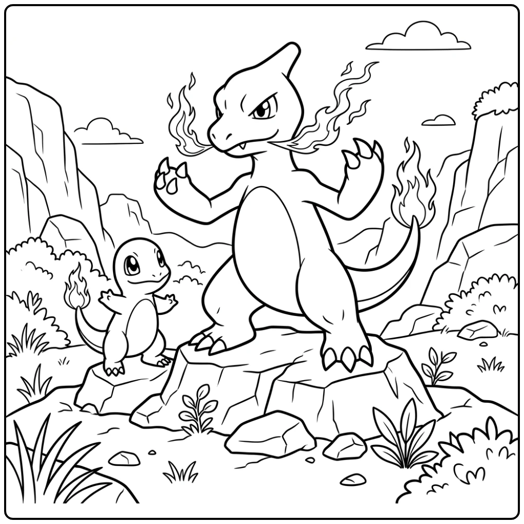 Stoere kleurplaat pokemon charmeleon op rots, met lerende Charmander