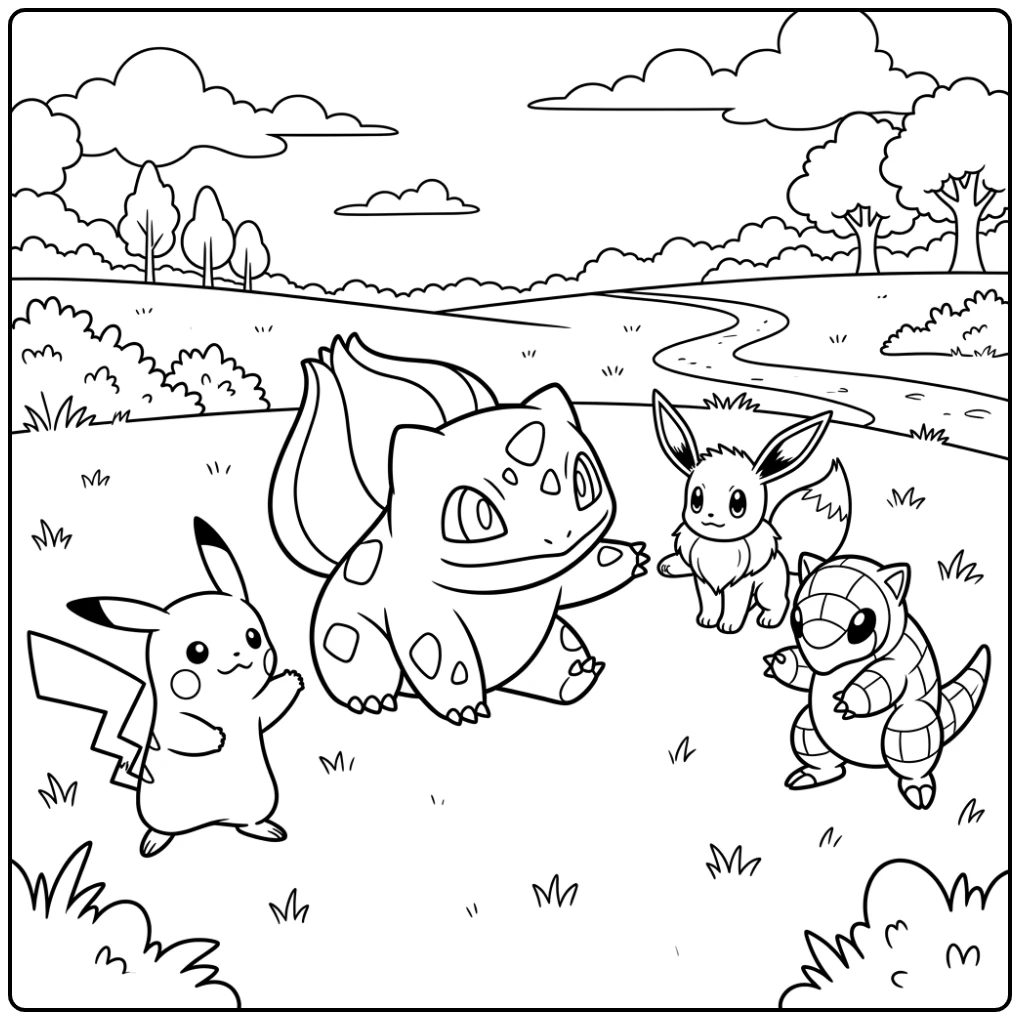 Leuke bulbasaur kleurplaat met vrienden aan het trainen.