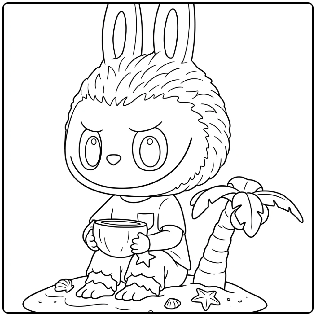 Een Kokosnoot Labubu Kleurplaat op een tropisch eiland.