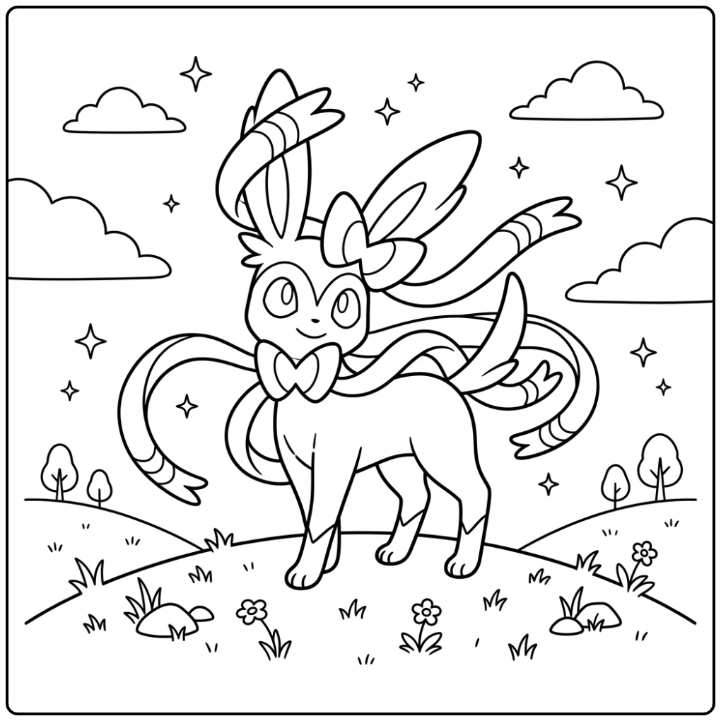 Magische sylveon kleurplaat, Sylveon op heuvel met linten