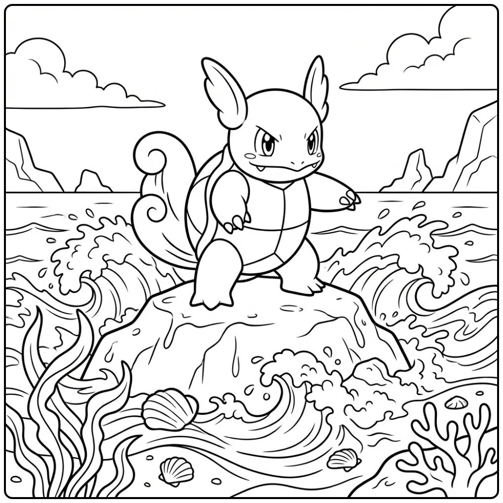 Mooie Wartortle kleurplaat op een rots aan de oceaankust.