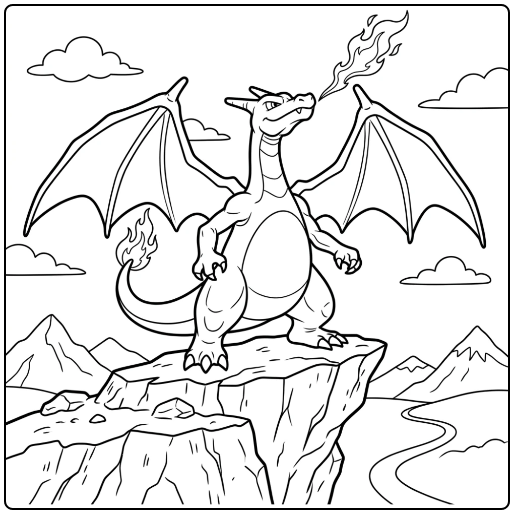 Machtig Charizard pokemon kleurplaat op bergklif, vuuradem in de lucht.