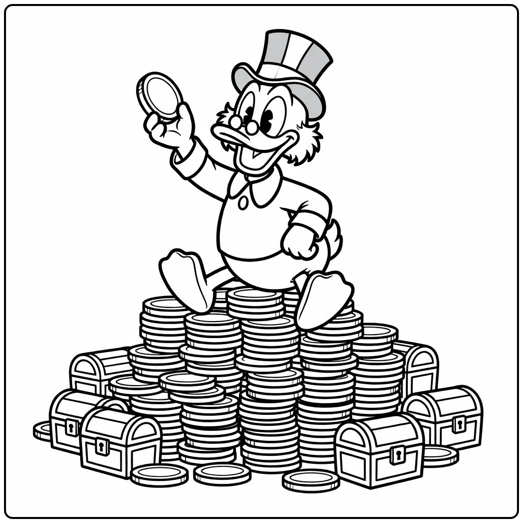 Dagobert Duck op zijn berg munten – kleurplaat dagobert duck geld.