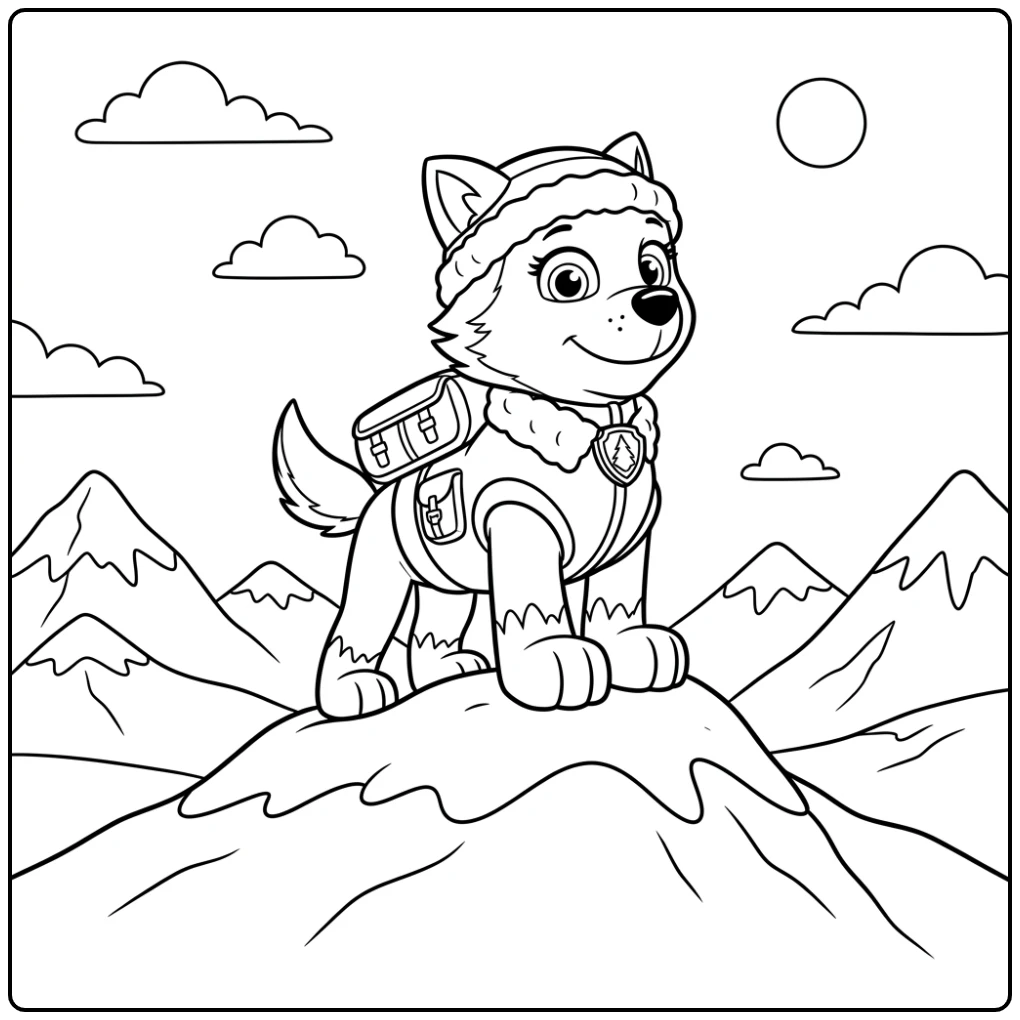 Everest op besneeuwde heuveltop, ideale everest paw patrol kleurplaat.