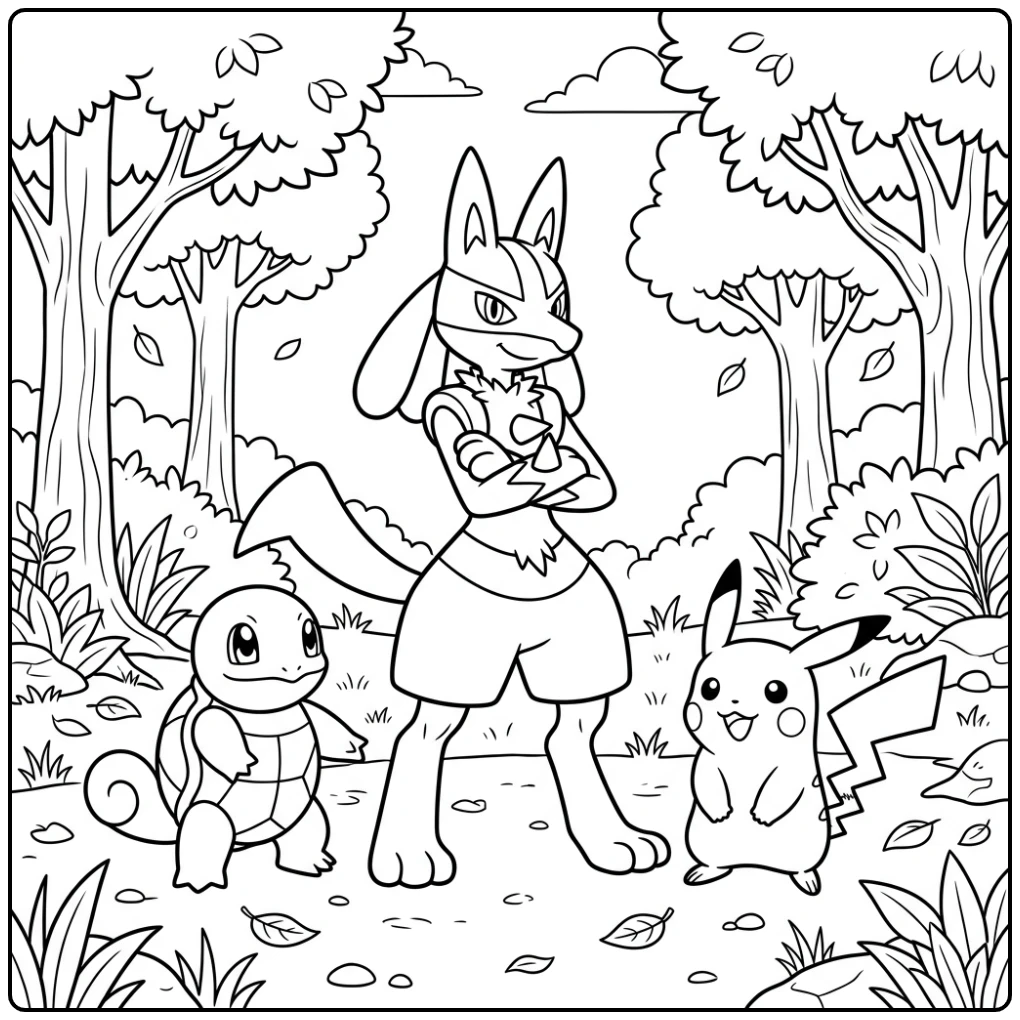 Avontuurlijke lucario kleurplaat met Pikachu en Squirtle in bos.