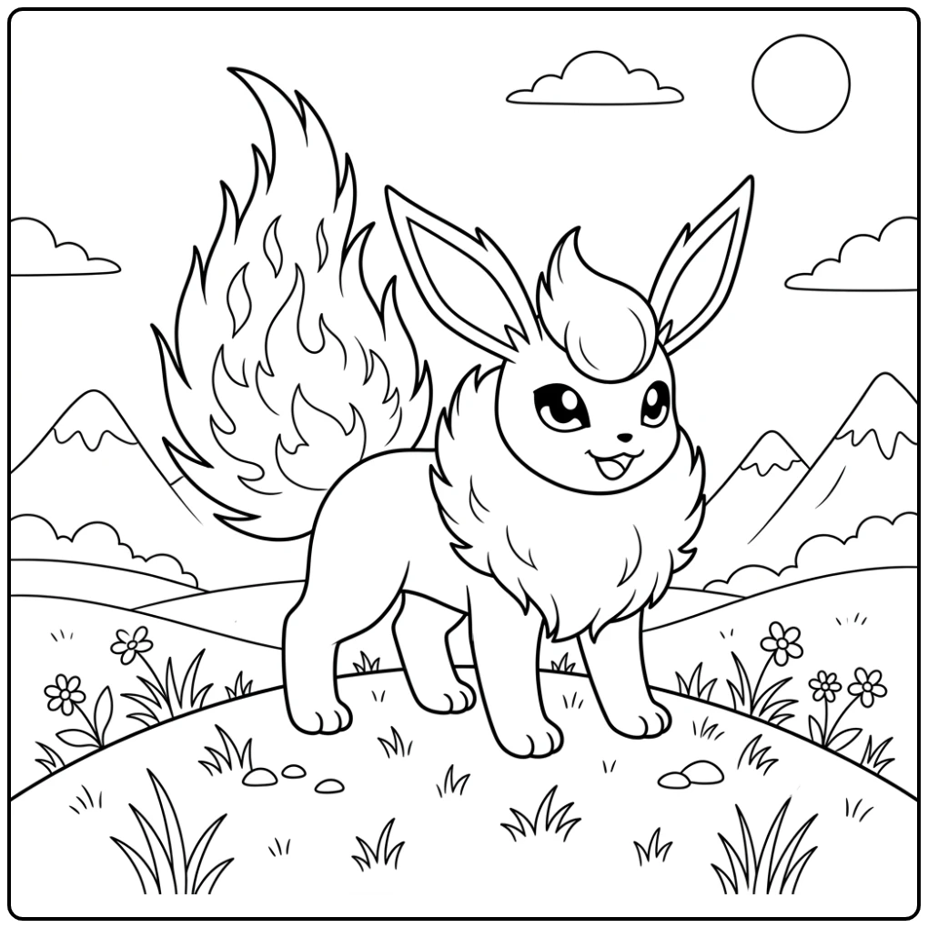 Vriendelijke flareon kleurplaat op een heuvel met trotse staart.