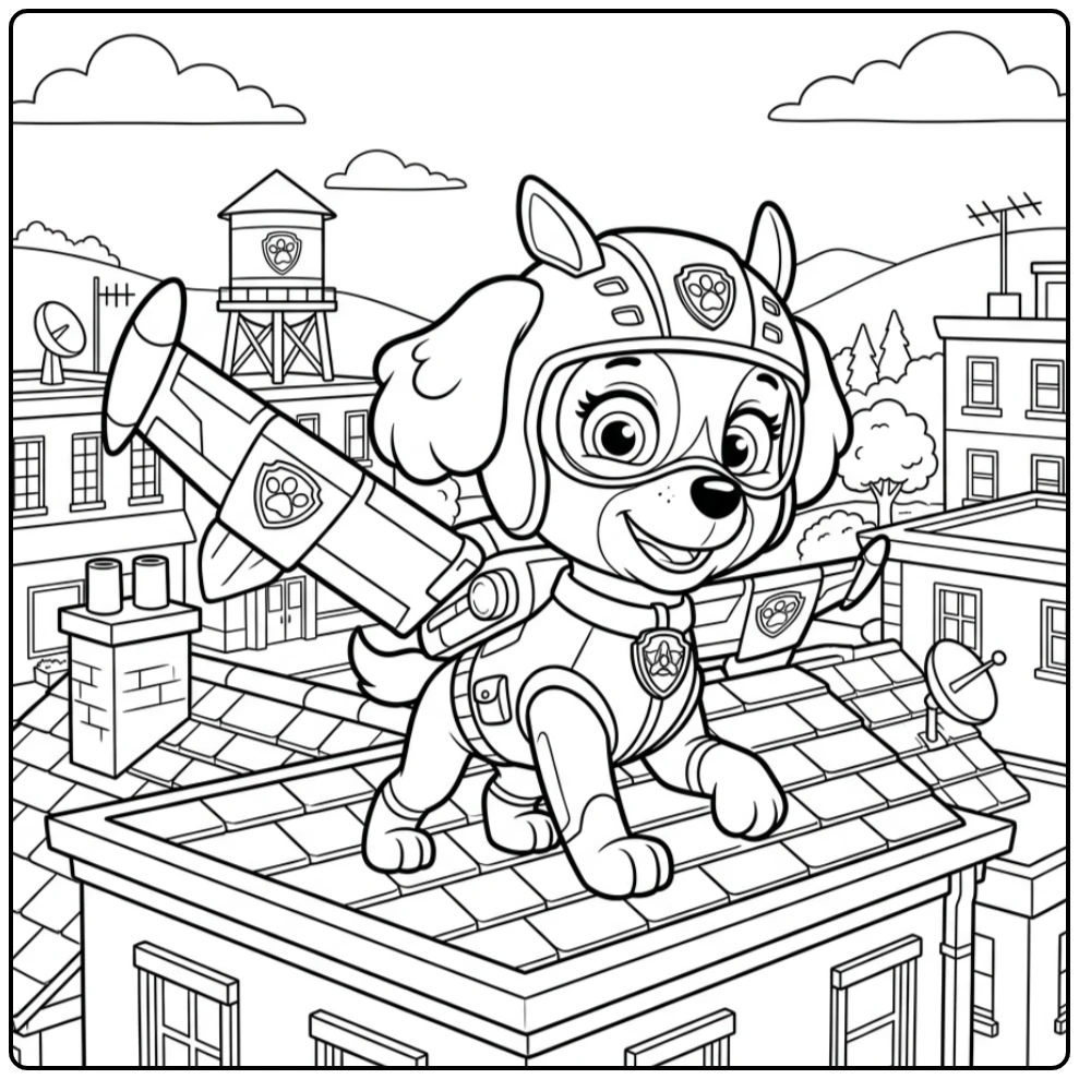 Skye Paw Patrol kleurplaat: landing na redding op dak.