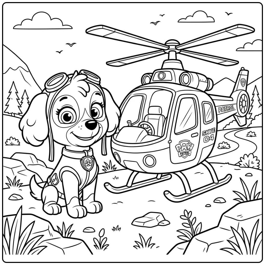 Skye Paw Patrol kleurplaat met Skye en haar helikopter, klaar voor avontuur.