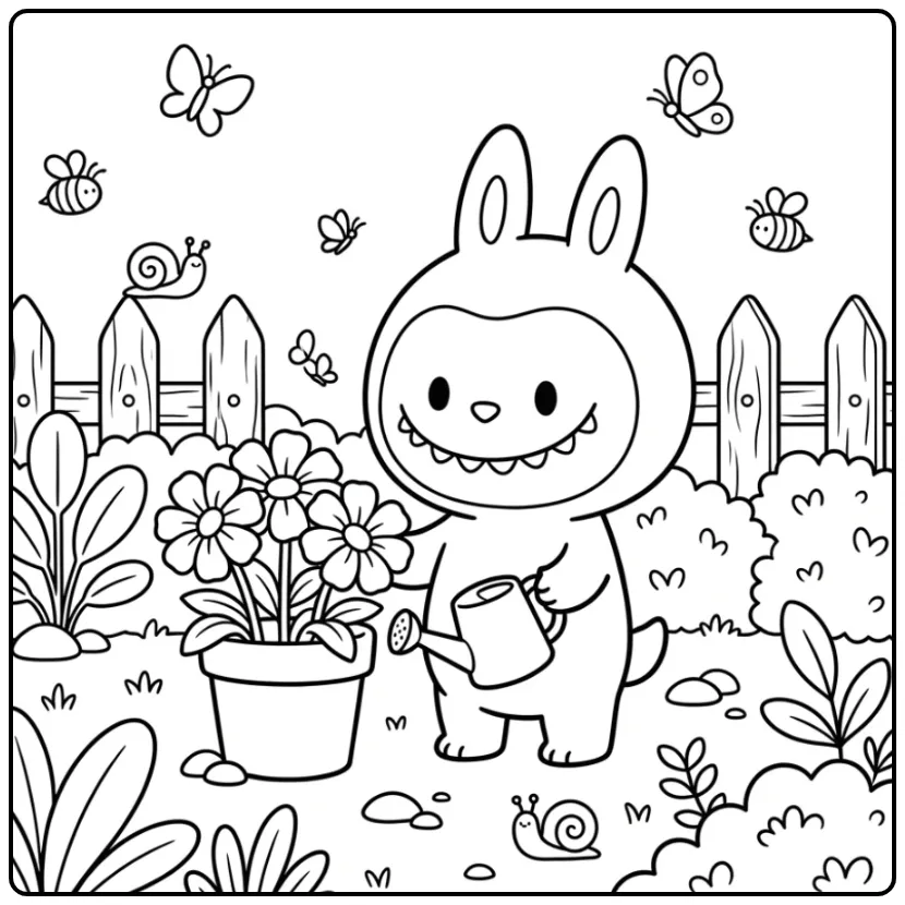 Vrolijke labubu kleurplaat makkelijk in de tuin met bloemen.