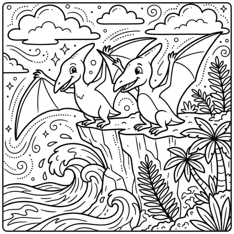 Schattige dino kleurplaat met twee vliegende Pteranodons