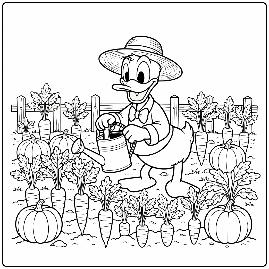 Donald Duck in moestuin met gieter, kleurplaat donald duck moeilijk
