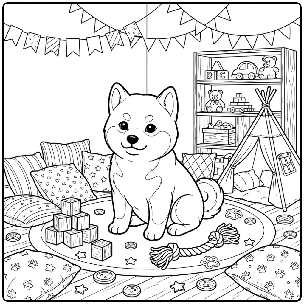 Schattige kleurplaat puppy moeilijk: Shiba Inu in speelkamer.