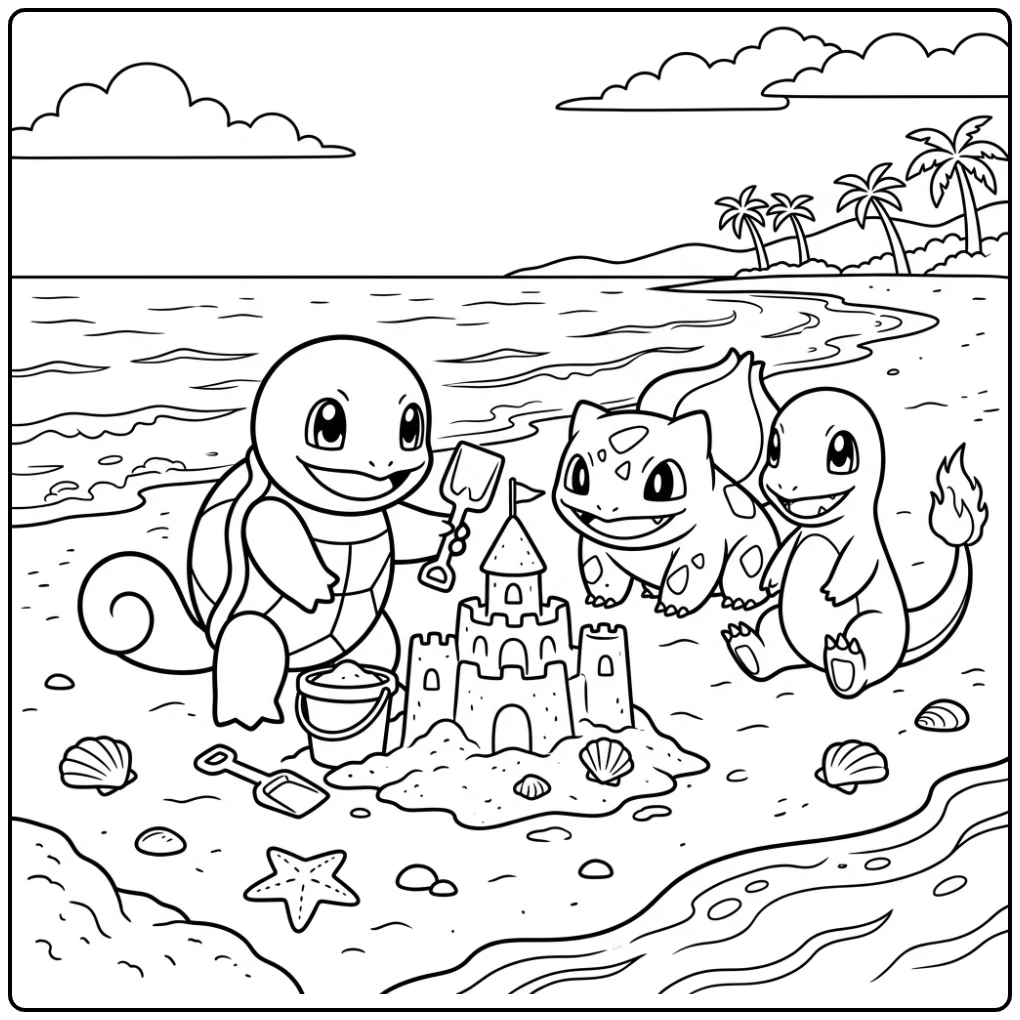 Vrolijke squirtle kleurplaat: Squirtle bouwt zandkasteel op het strand.