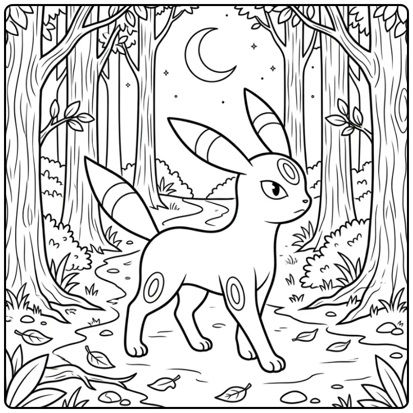 Majestueuze umbreon kleurplaat wandelt door nachtbos bij maanlicht.