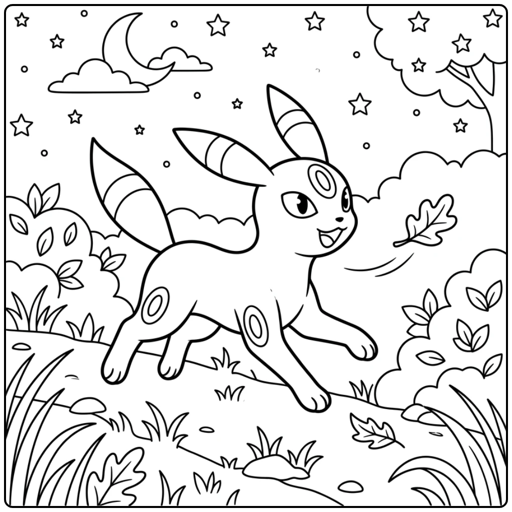Vrolijke umbreon kleurplaat jaagt op een blad in de nachtelijke wind.