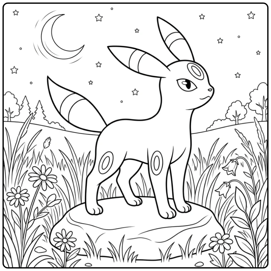 Majestueuze umbreon kleurplaat op steen in maanverlichte weide