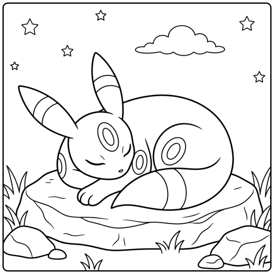 Rustende umbreon kleurplaat onder sterrenhemel, kalm en vredig.