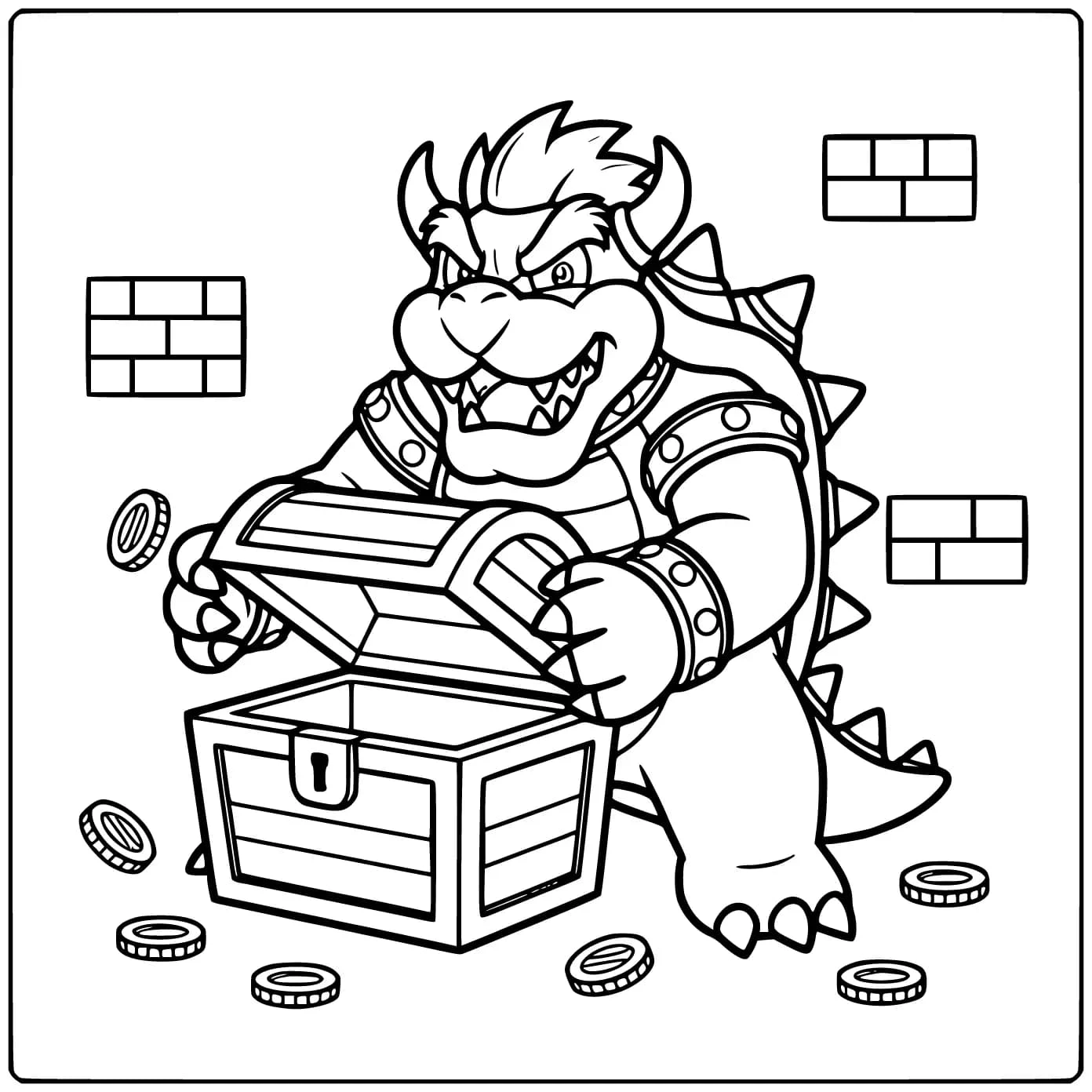Prachtige bowser kleurplaat met een grote schatkist.