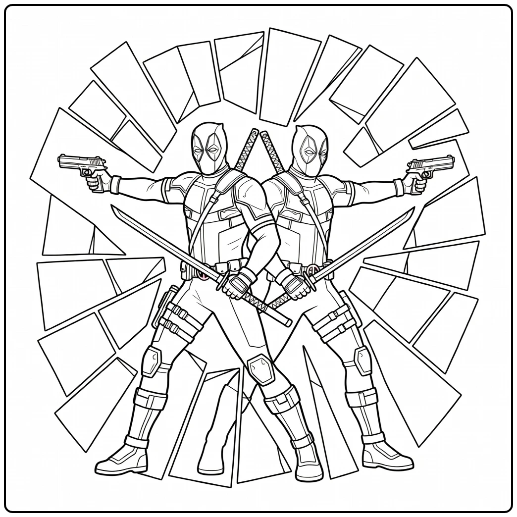 Spannende deadpool kleurplaat met gebroken spiegel.