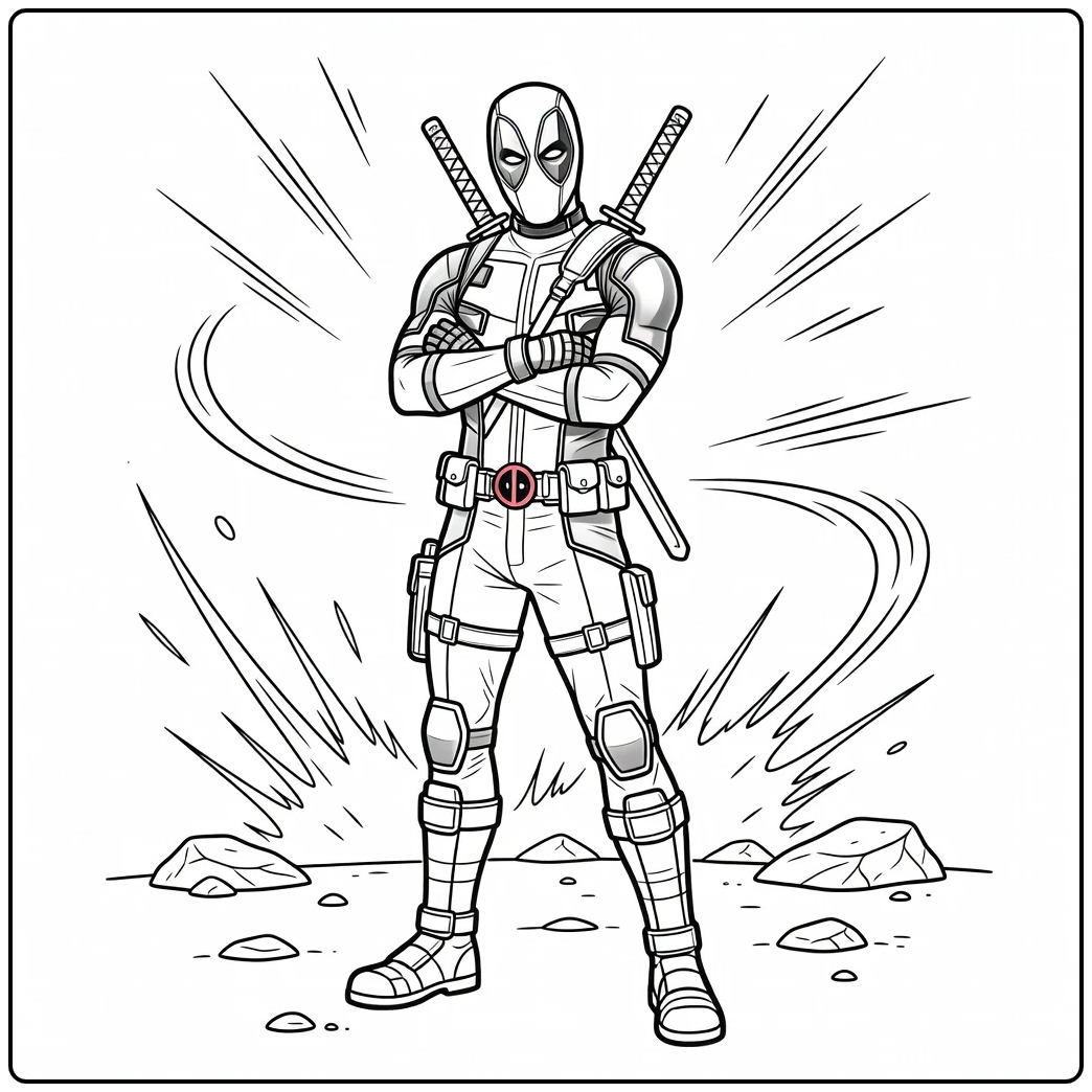 Stoere deadpool kleurplaat met gekruiste armen en zwaarden.