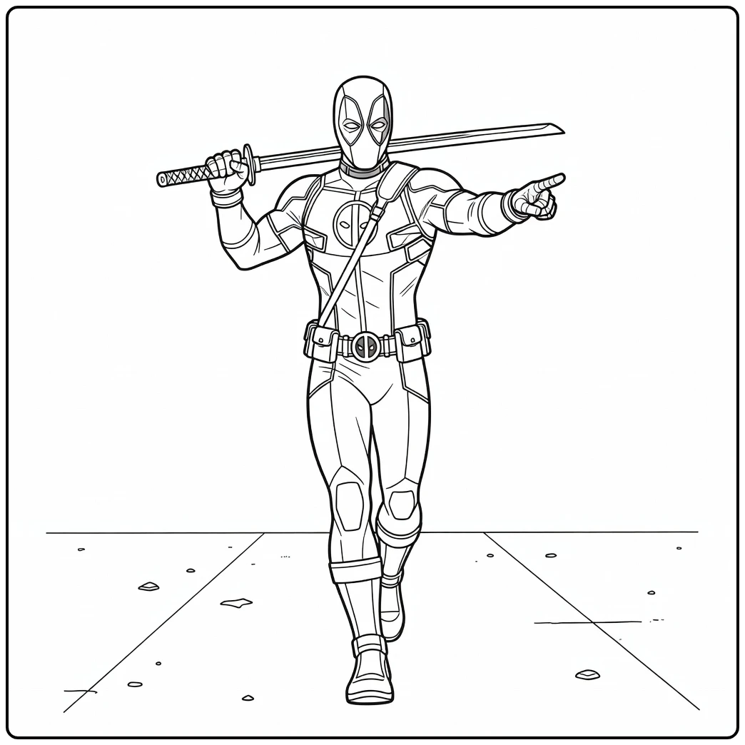 Stoere deadpool kleurplaat met zwaard op zijn schouders.