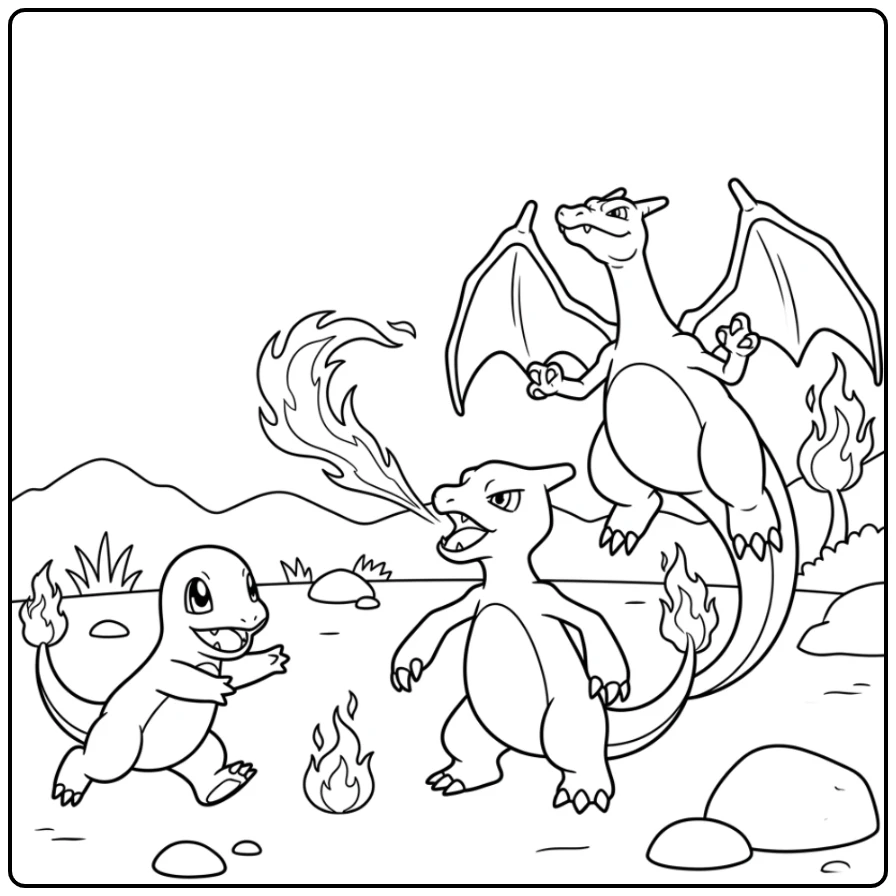 Mooie kleurplaat charmander charmeleon charizard actiescène.