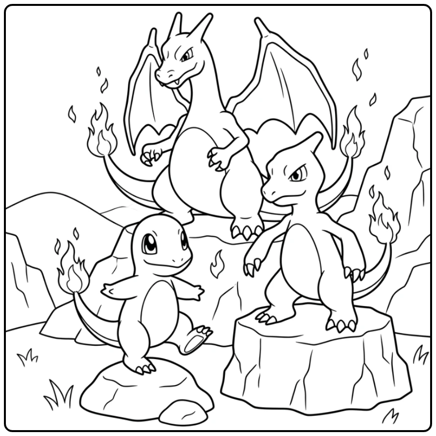 Leuke kleurplaat charmander charmeleon charizard op rotsen.