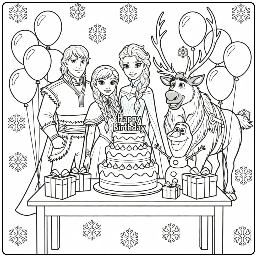 Feestelijke kleurplaat frozen verjaardag met alle vrienden.