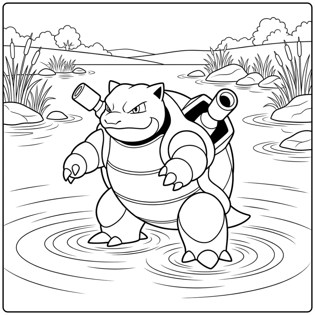 Mooie kleurplaat pokemon blastoise in een kalm meer.