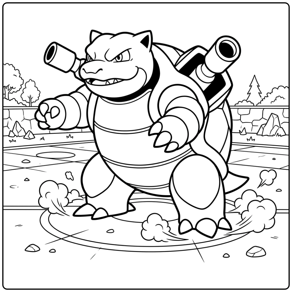 Stoere kleurplaat pokemon blastoise in gevechtshouding.