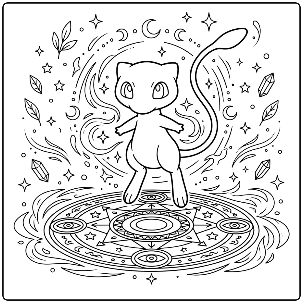 Zwevende magische mew kleurplaat met sterren en golven.