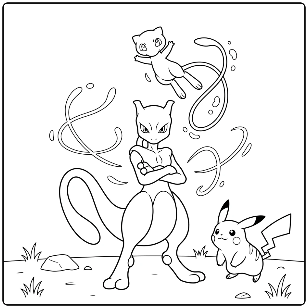 Prachtige mewtwo kleurplaat met zwevende Mew en Pikachu.