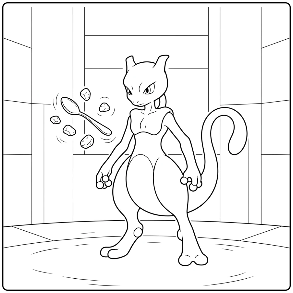 Mewtwo met zwevende lepel in deze mooie mewtwo kleurplaat