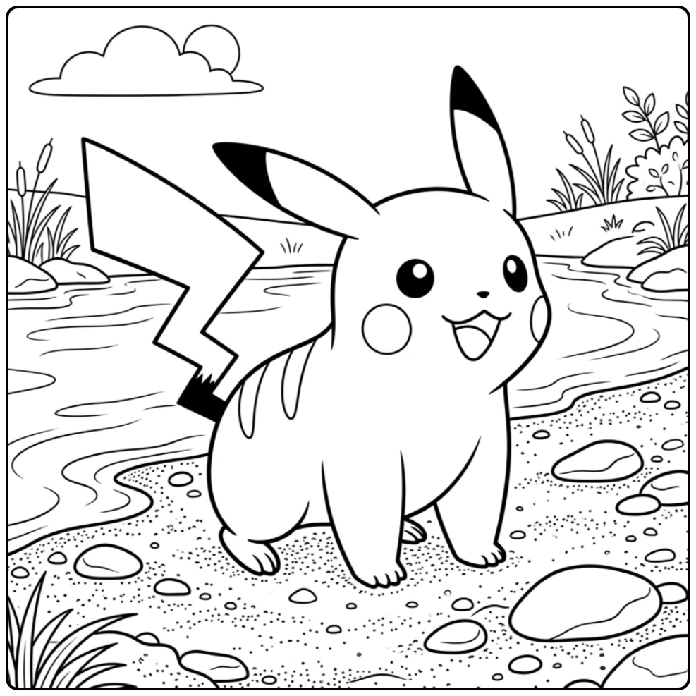 Mooie pikachu kleurplaat op een zandige rivieroever.