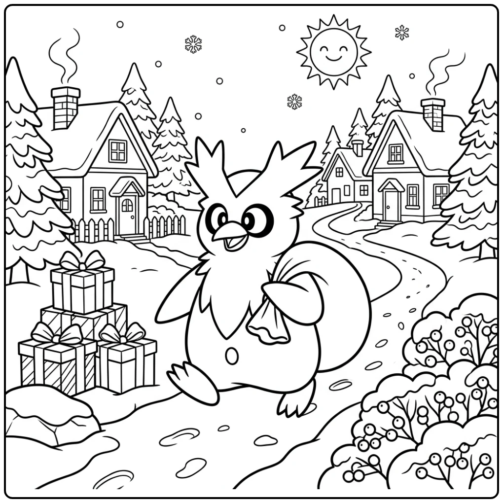 Vrolijke Pokemon Delibird kleurplaat in de sneeuw.