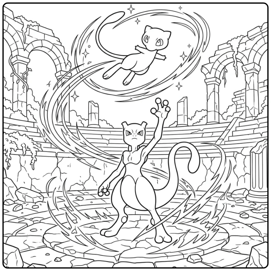 Actievolle pokemon kleurplaat mew en mewtwo in een arena.