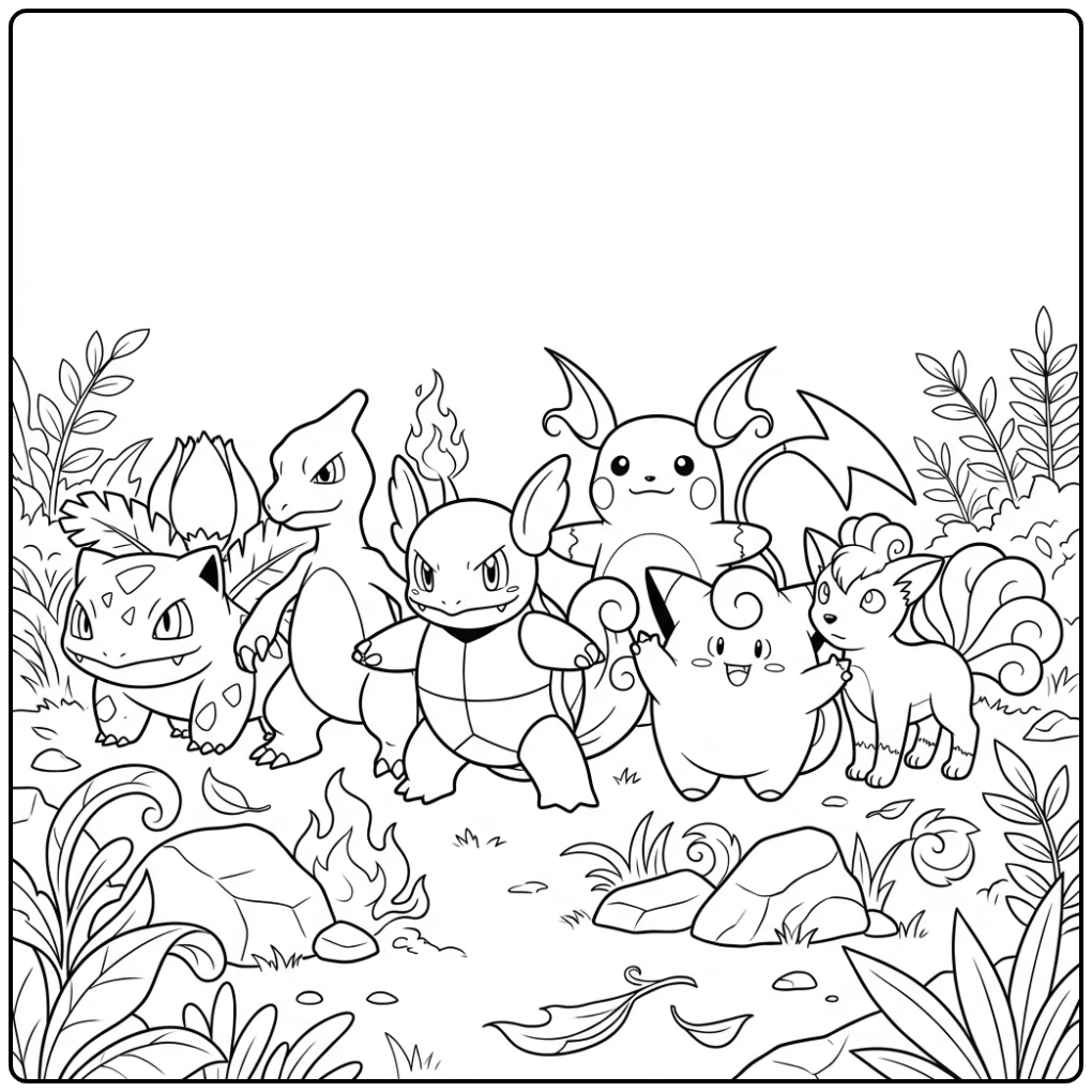 Pokemon kleurplaat van de eerste generatie met zes wezens.