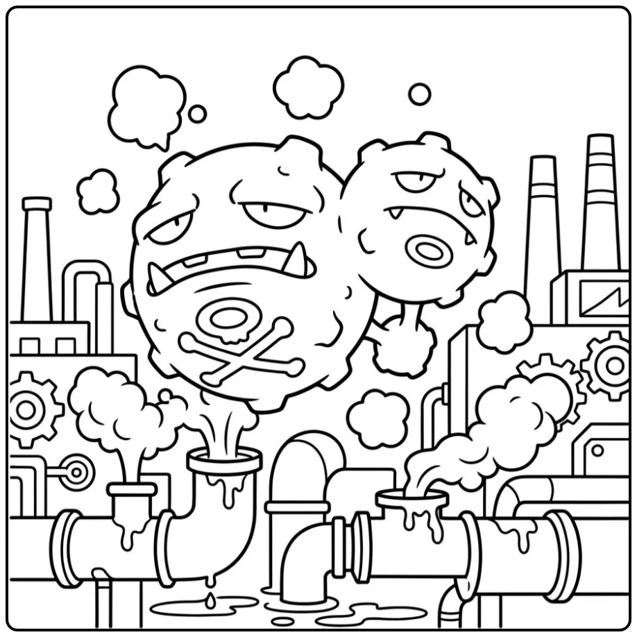 Pokemon Weezing kleurplaat in een fabriek met giftige gassen