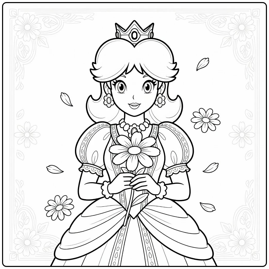 Mooie princess daisy kleurplaat met een kroon en bloemen.